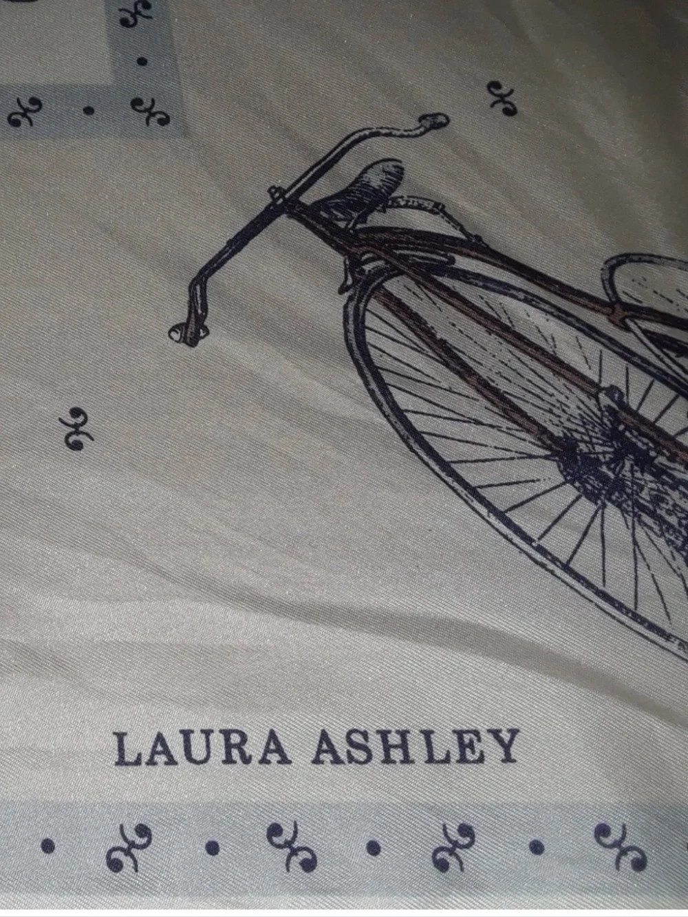 Vintage Laura Ashley Made In Italy 100% Silk Ivory Scarf w/ Black Bicycle Motif